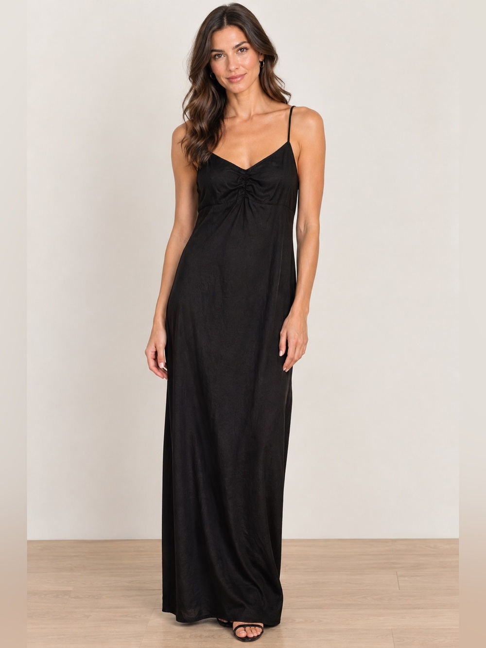Old Navy 100% linen Black Maxi Slip Dress with Spaghetti Straps back slit